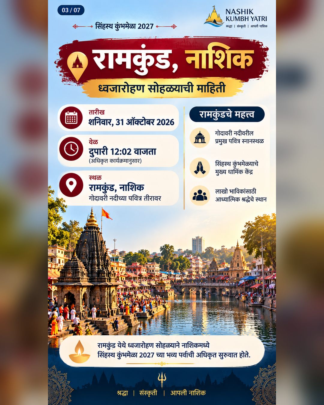 नाशिकमधील गोदावरीवरील रामकुंड घाट, मंदिरे आणि स्नानाच्या पायऱ्या — 31 ऑक्टोबर 2026 च्या ध्वजारोहण सोहळ्याचे ठिकाण