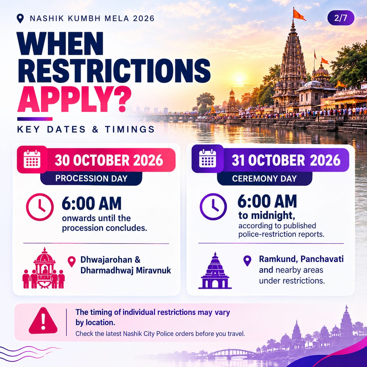 Timings of Nashik traffic restrictions: 30 October procession day from 6 AM until procession concludes and 31 October ceremony day from 6 AM to midnight